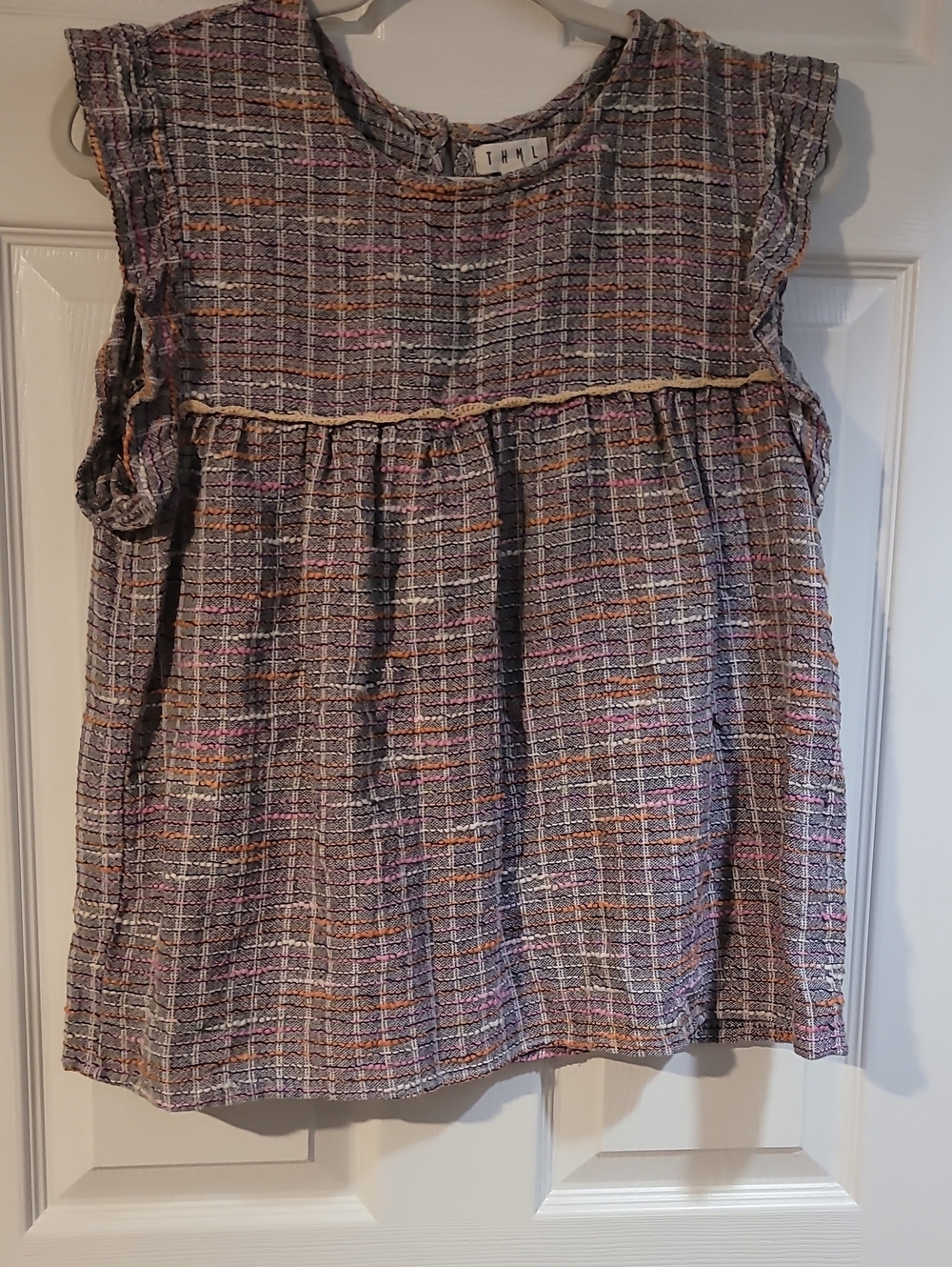 THML Multi-Color Textured Plaid Ruffle-Sleeve Top